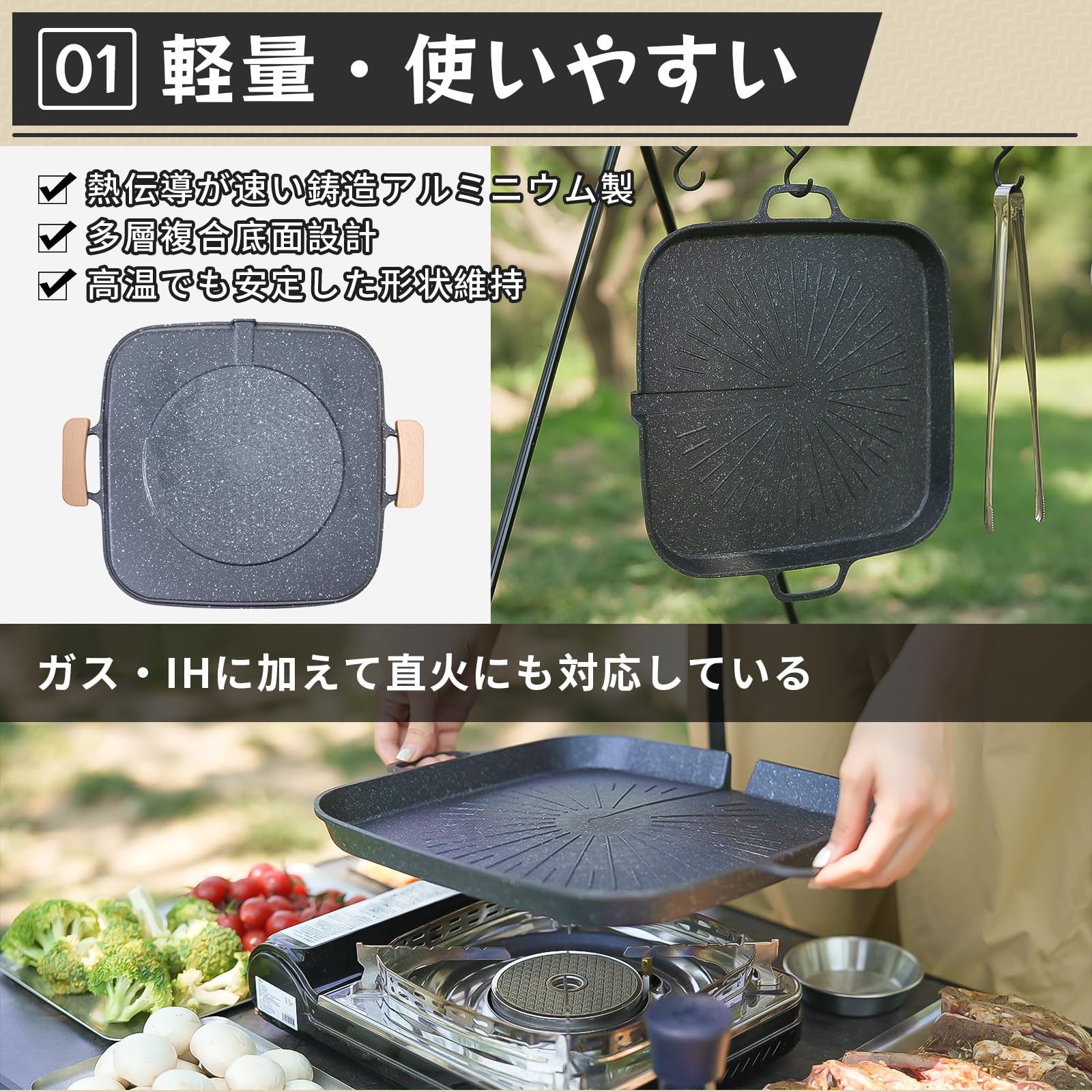 KingCamp グリルプレートih焼肉プレートグリルパンアルミニウム合金製 38cm×32cm×2.5cm