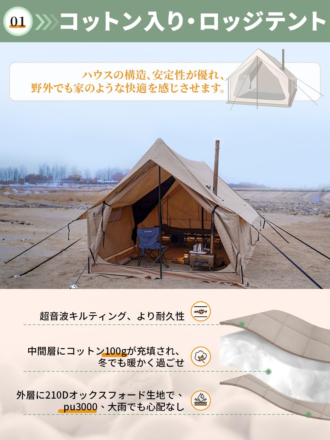 KingCamp ロッジ型テント大型キャンプテント3~5人用 360°視野ファミリーテント