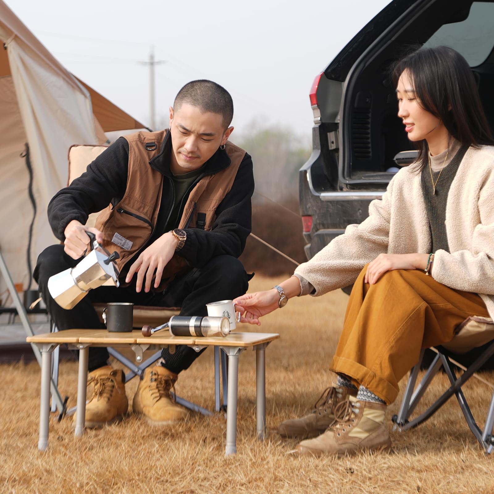 KingCamp 無段階高さ調節キャンプバンブーテーブル 4折超軽量アウトドアテーブル 60×40×27~40cm  KC1913