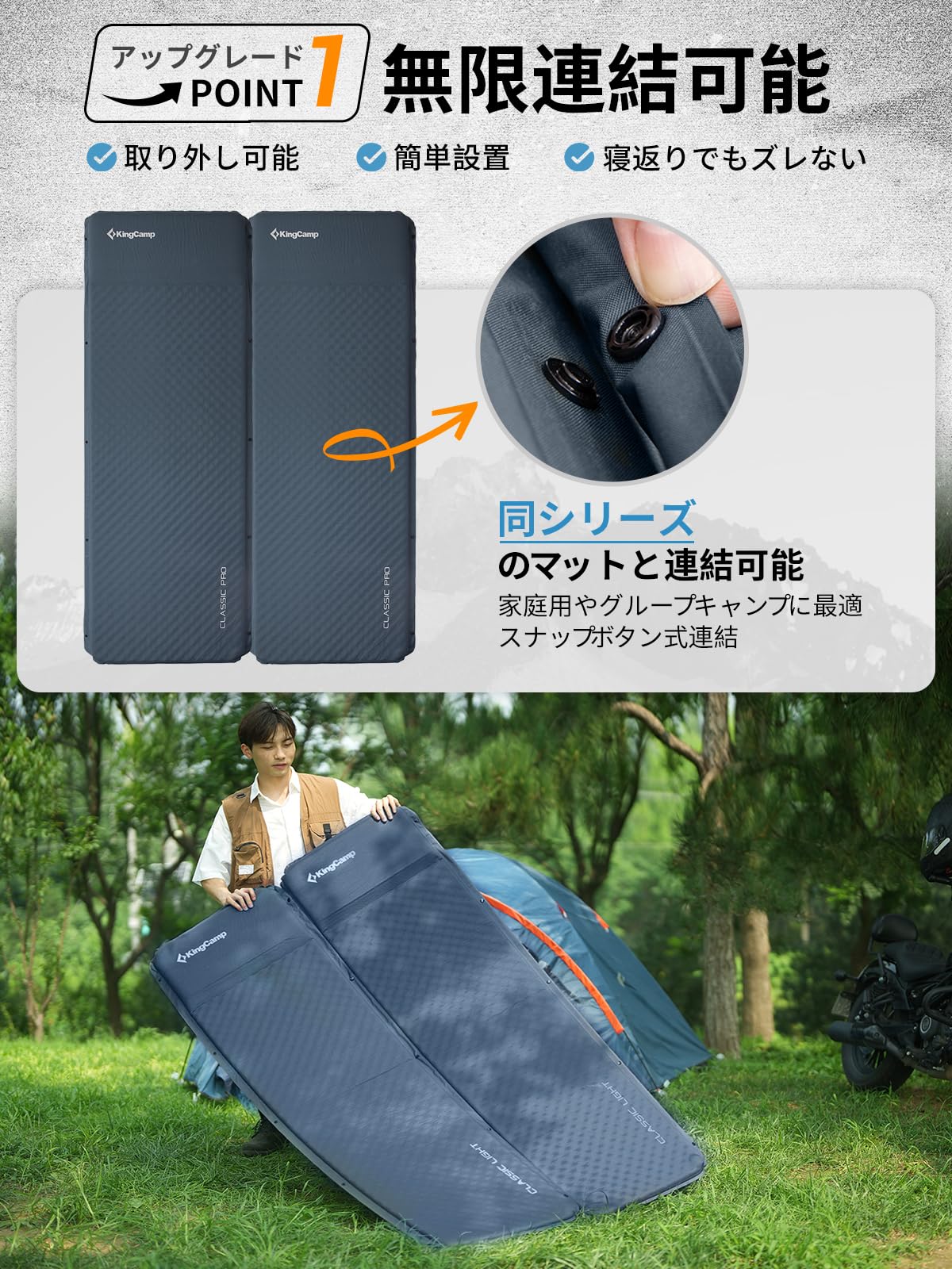 【2025 NEW】KingCamp エアーマット自動膨張枕一体式インフレーターマット 196x64cm