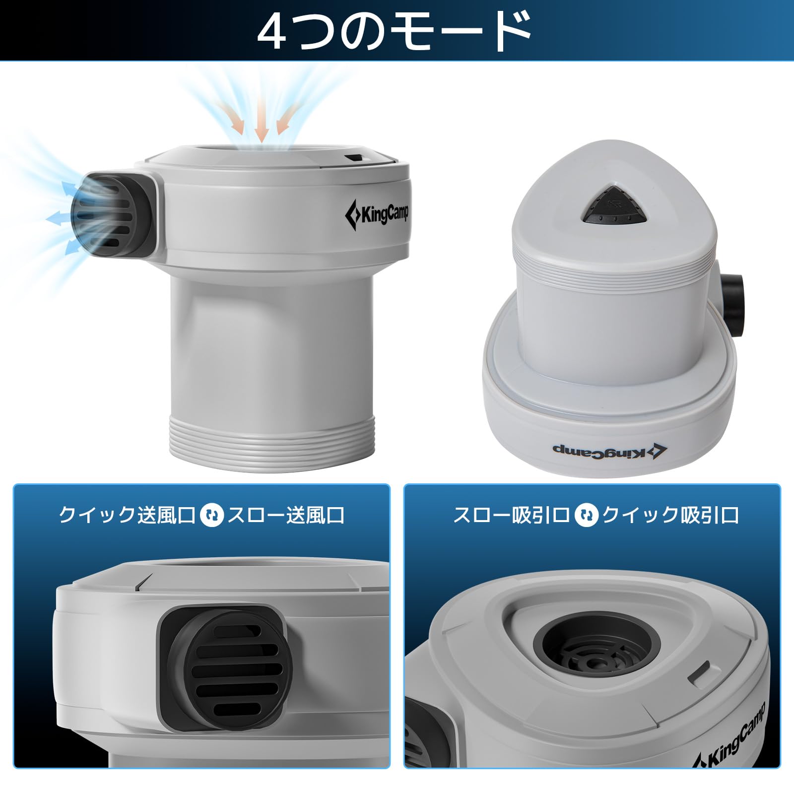 KingCamp エアーポンプ電動電動ポンプ空気入れ空気抜き強力440L /分Type-C急速充電4種類のノズル付き
