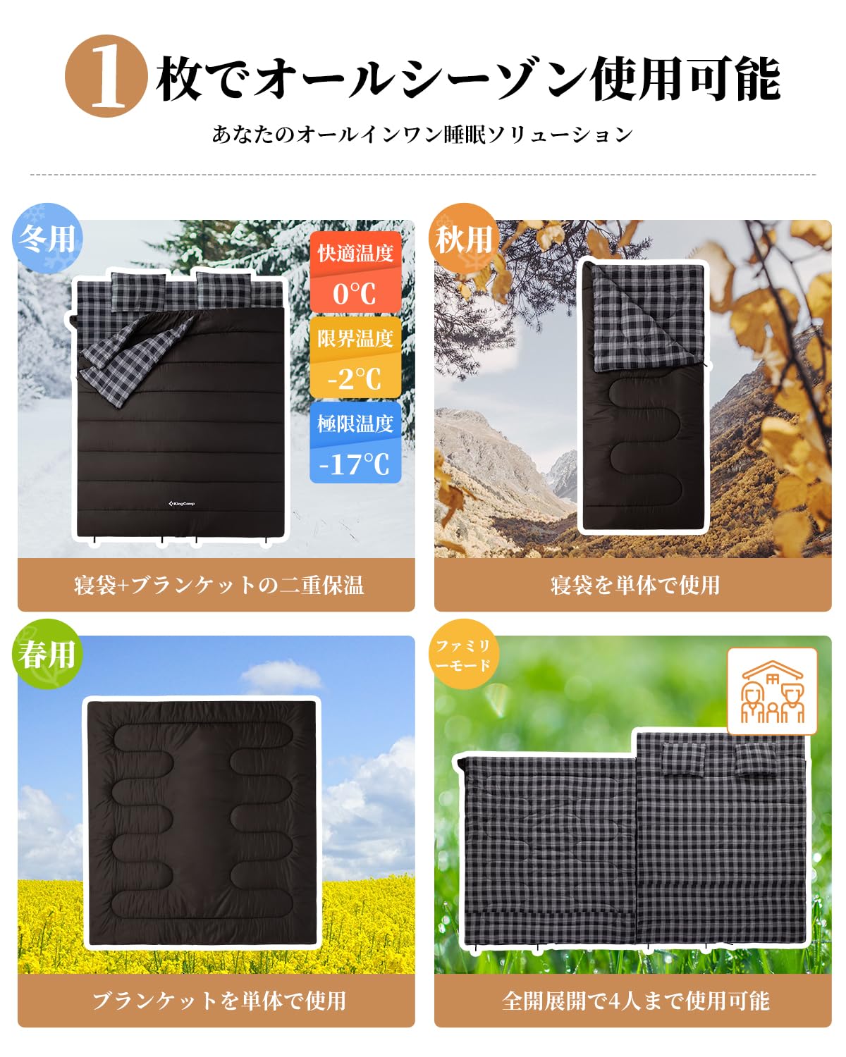 【2026 NEW】KingCamp Trippy C 450D 3WAY 封筒型スリーピングバッグ