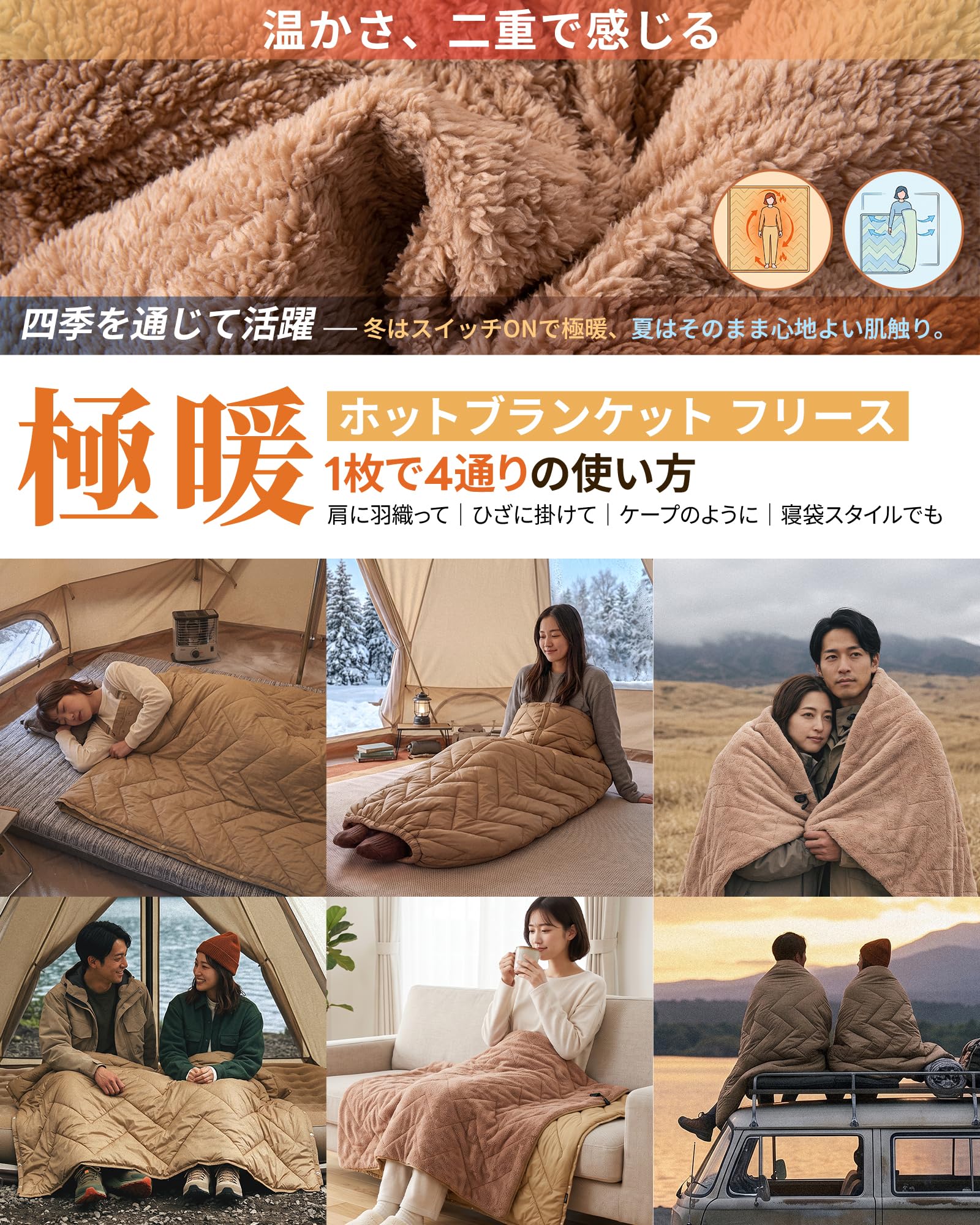 【2026 NEW】KingCamp HEATED NIMBUS BLANKET 電気ブランケット 4エリア加熱 3段階温度調節 大判200×145cm