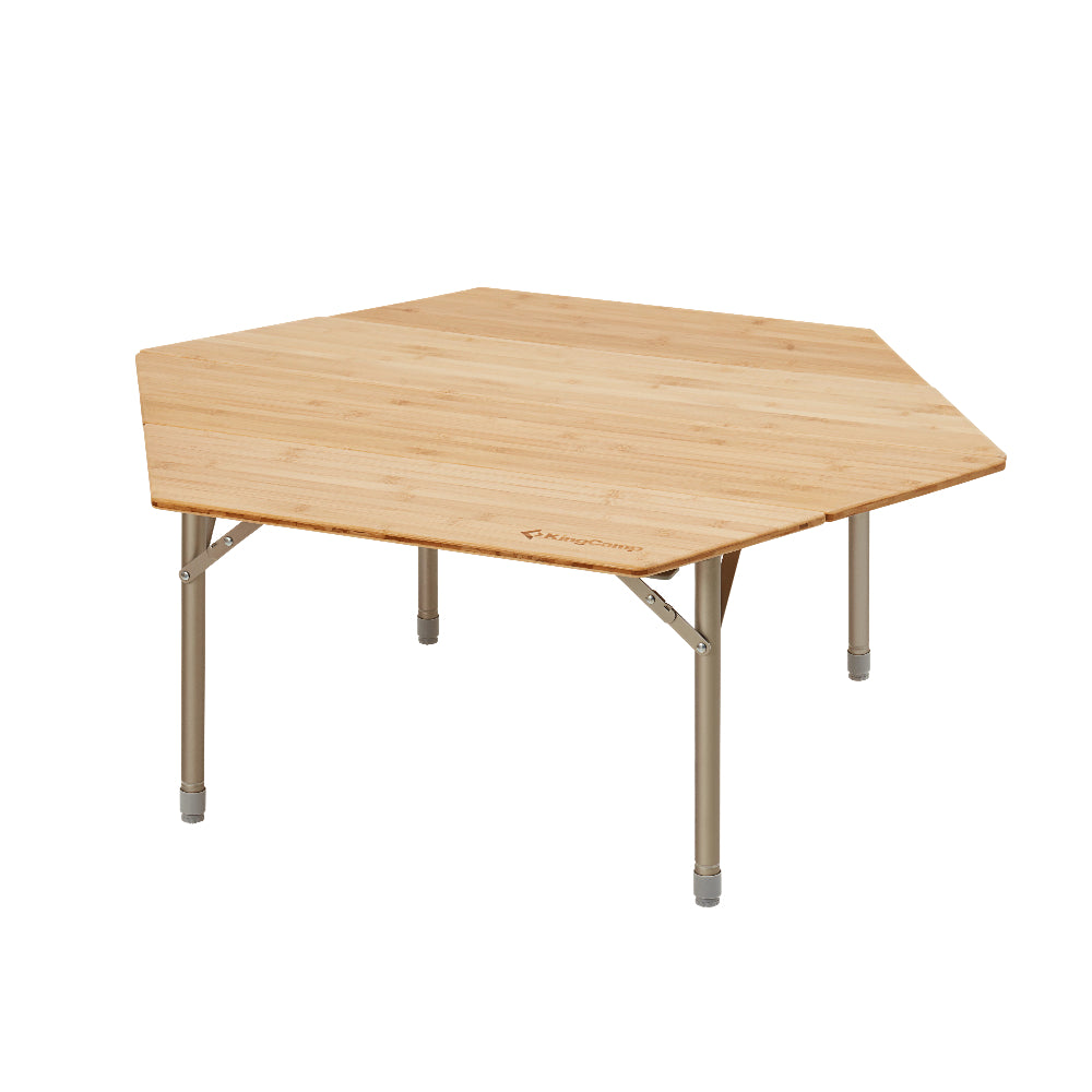 【B品・高さ調節範囲30～40cm】KingCamp アウトドアテーブル折り畳み竹製 キャンプテーブル4折六角高さ無段階調節30-40CM