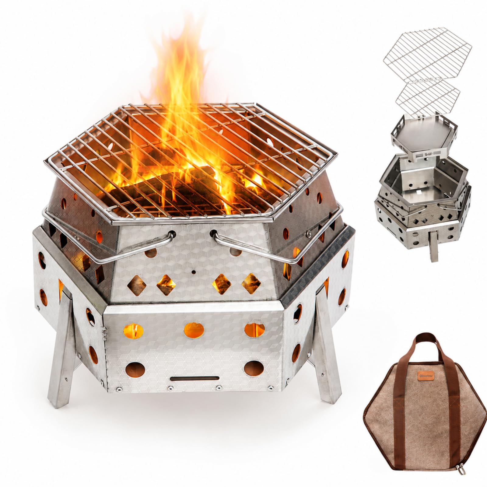 【2026 NEW】KingCamp Light Flame 六角焚き火台 持ち上げるだけで自動展開
