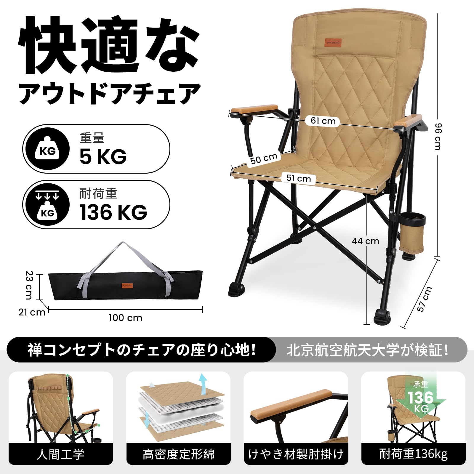2025 NEW】KingCamp アウトドアチェアコットン入り木製手すり