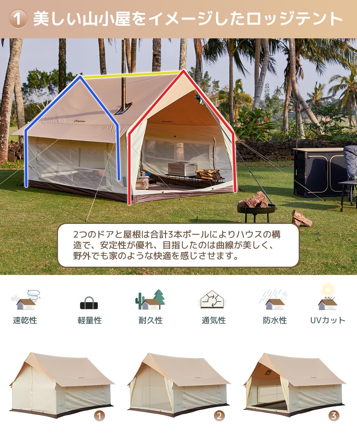 【2025 NEW】KingCamp ロッジ型テントポリコットン2-4人用ファミリーテント