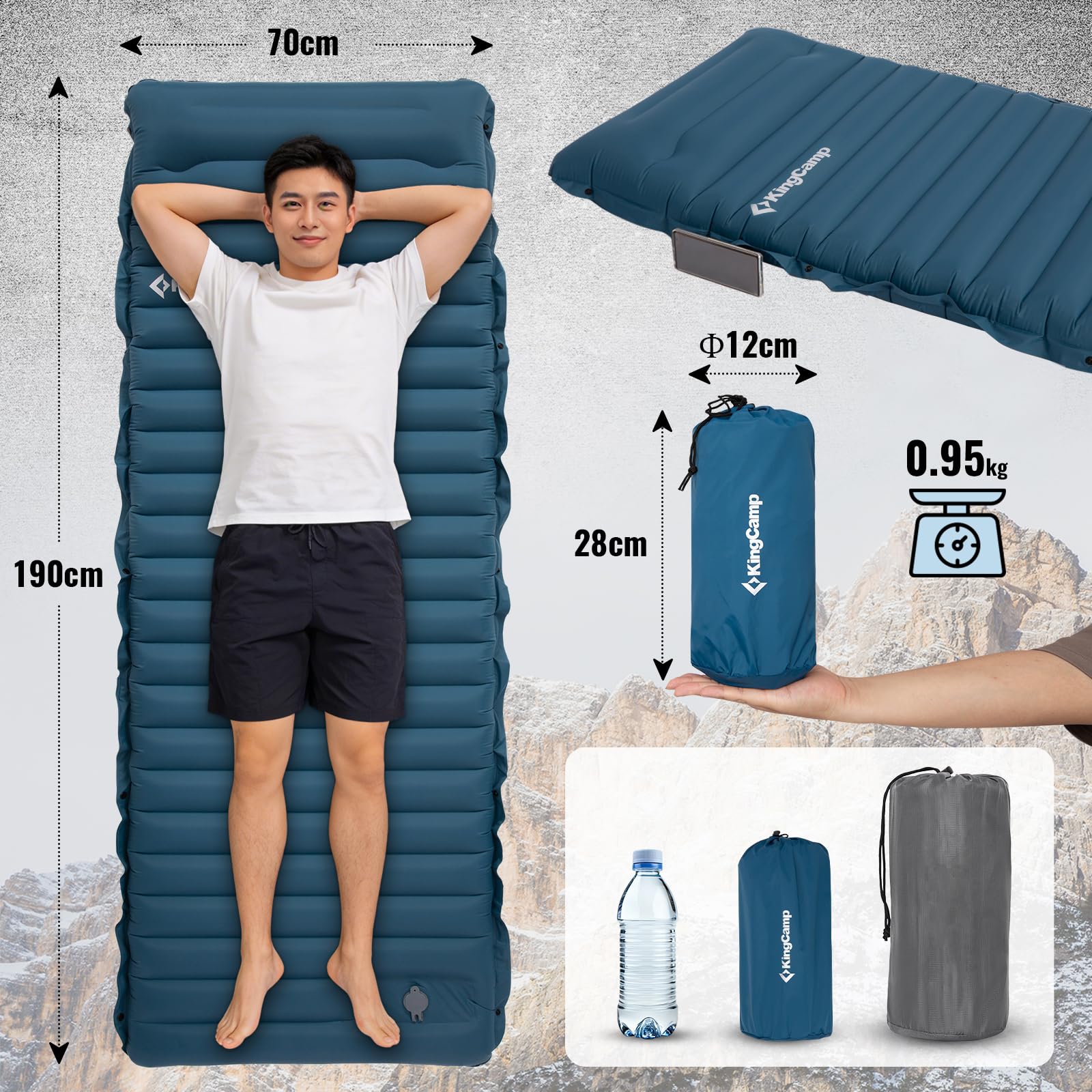 KingCamp DELUXE 10.1 エアーマット 足踏み式 10cm厚手 超軽量950g 連結対応