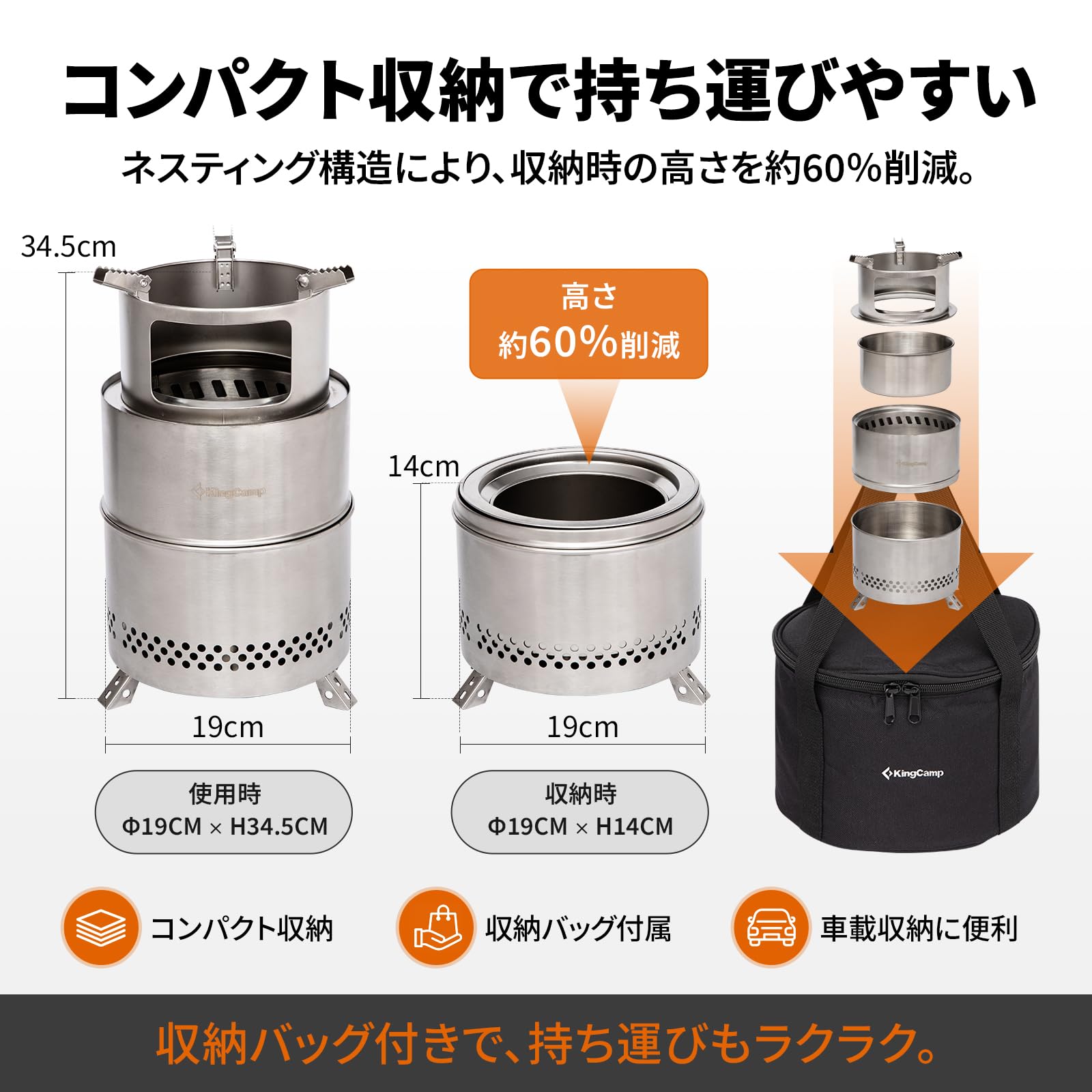 【2026 NEW】KingCamp FIREWOOD M ウッドストーブ ステンレス製焚き火台