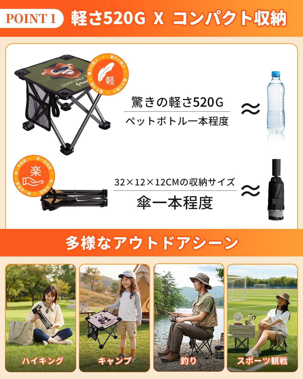 【2026 NEW】KingCamp MINI STOOL 折りたたみチェア 1秒開閉 軽量コンパクト (収納袋なし)