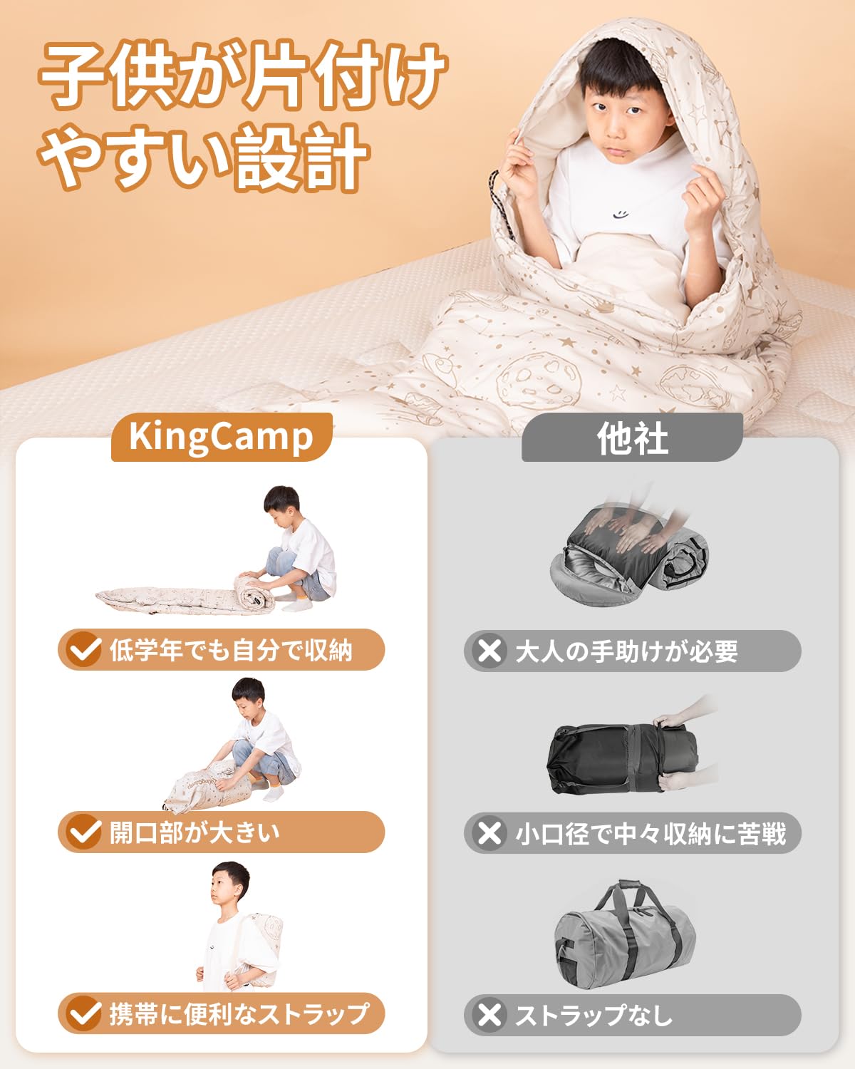 【2025 NEW】KingCamp 子供用封筒型寝袋快適温度7度オールシーズン対応シュラフ