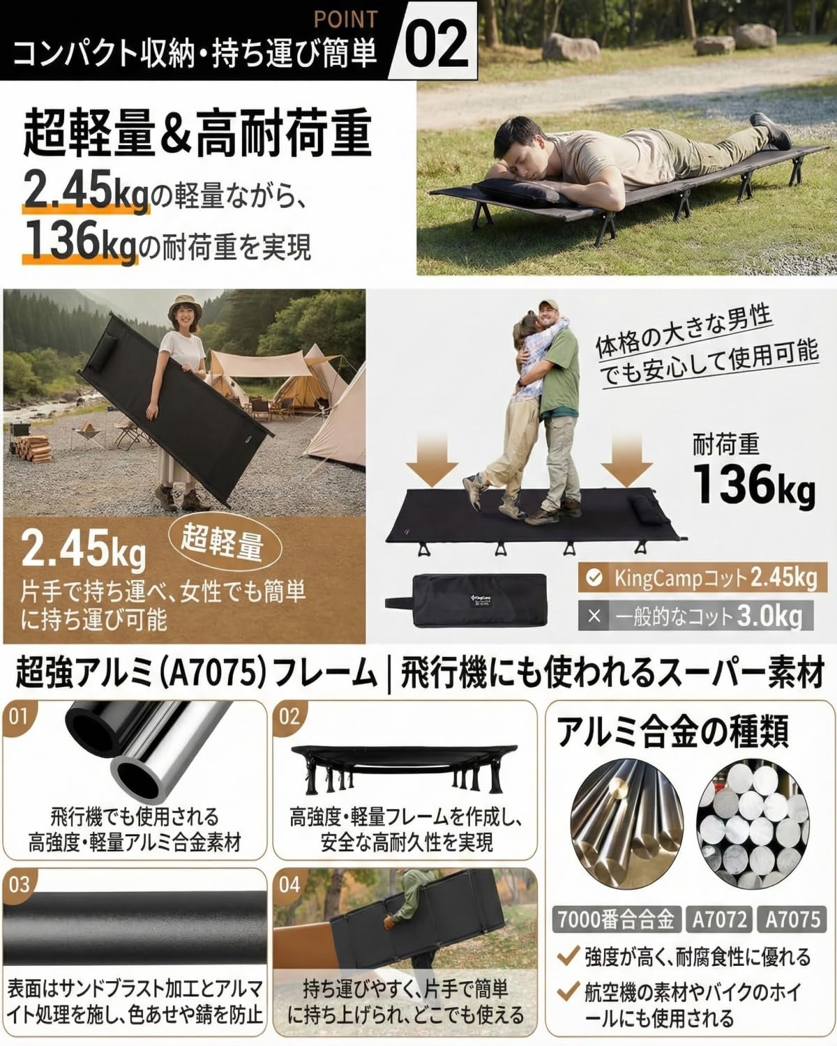 KingCamp キャンプ コット折りたたみベッド超軽量2.45kg