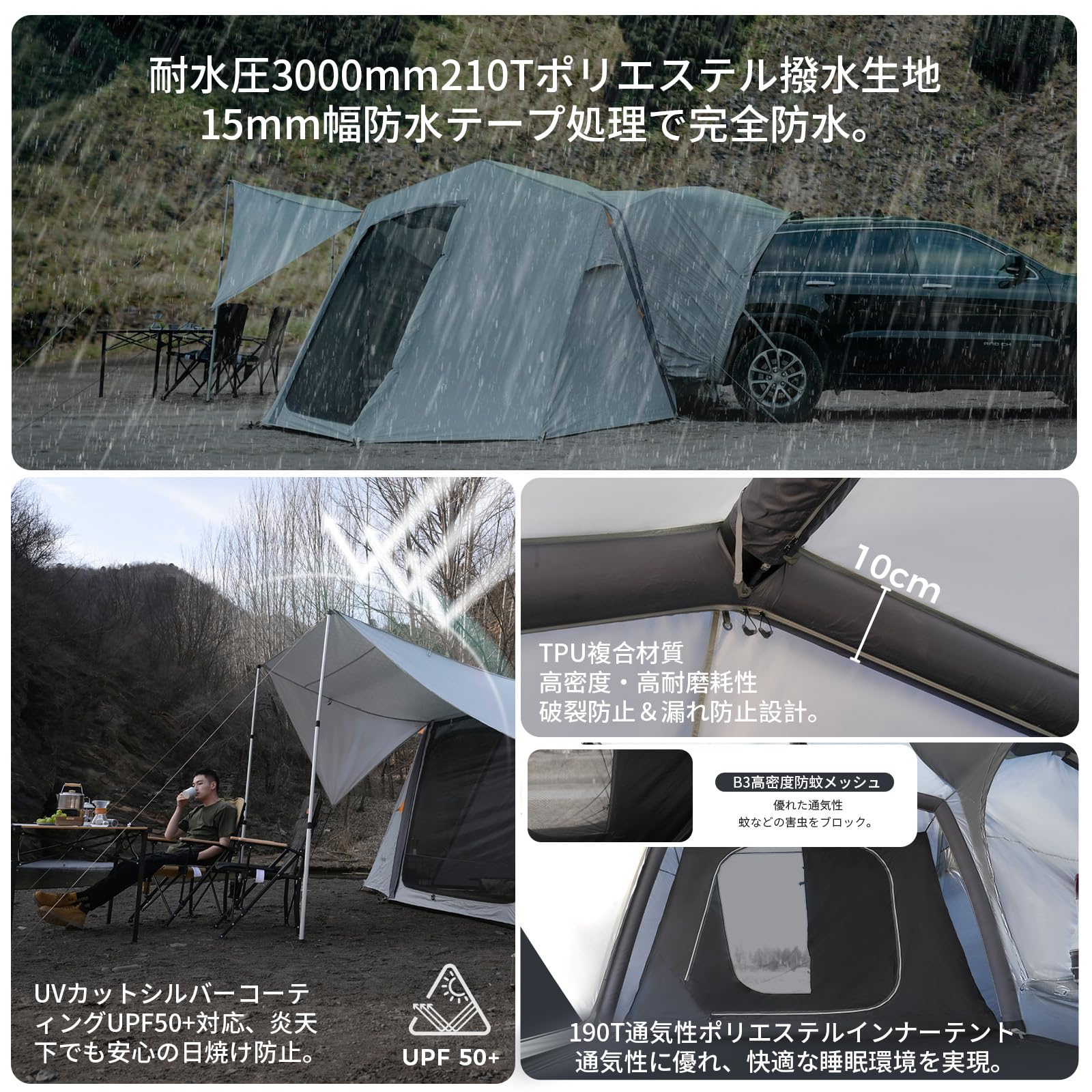 【2025 NEW】KingCamp 充気式カーテント6.8m×3.2m8-10人用 超大空間 2ルーム車用テント