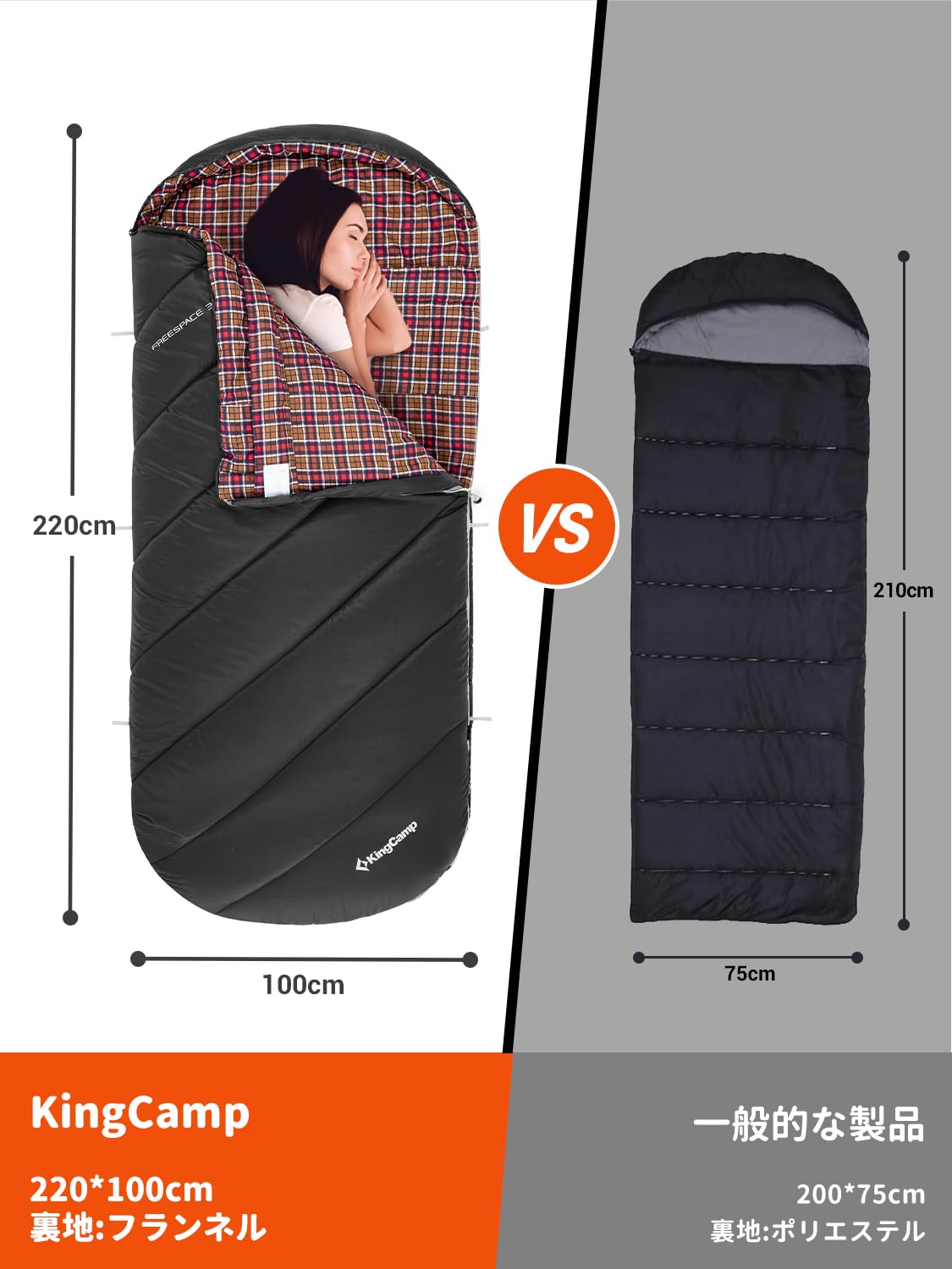 KingCamp キャンプ封筒型寝袋3段階温度調節ワイド大きいサイズ寝袋