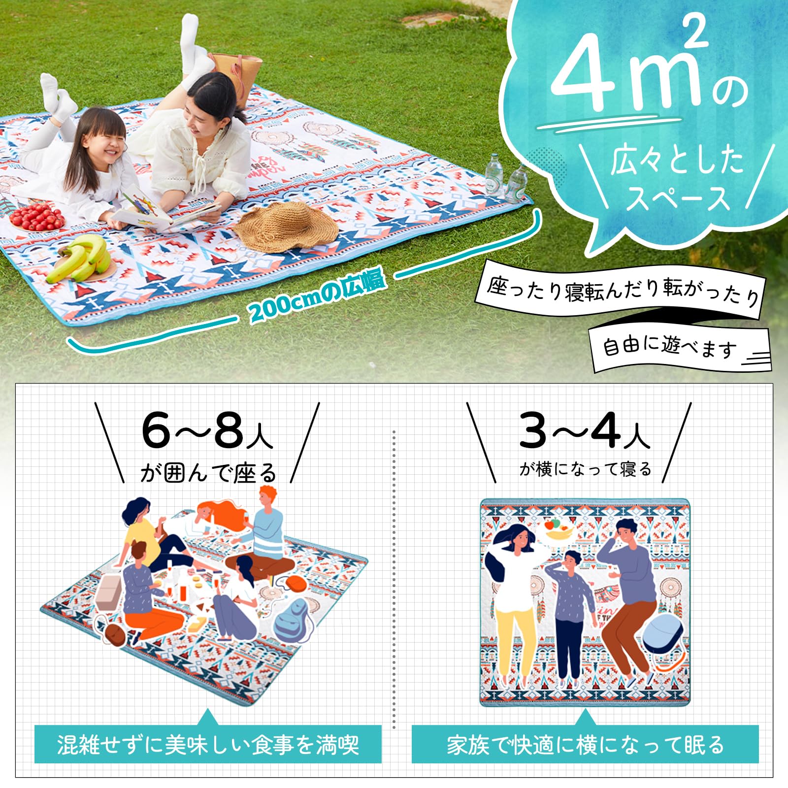 【2025 NEW】KingCamp レジャーシート ボヘミアン風大判200x200cm厚手4人用