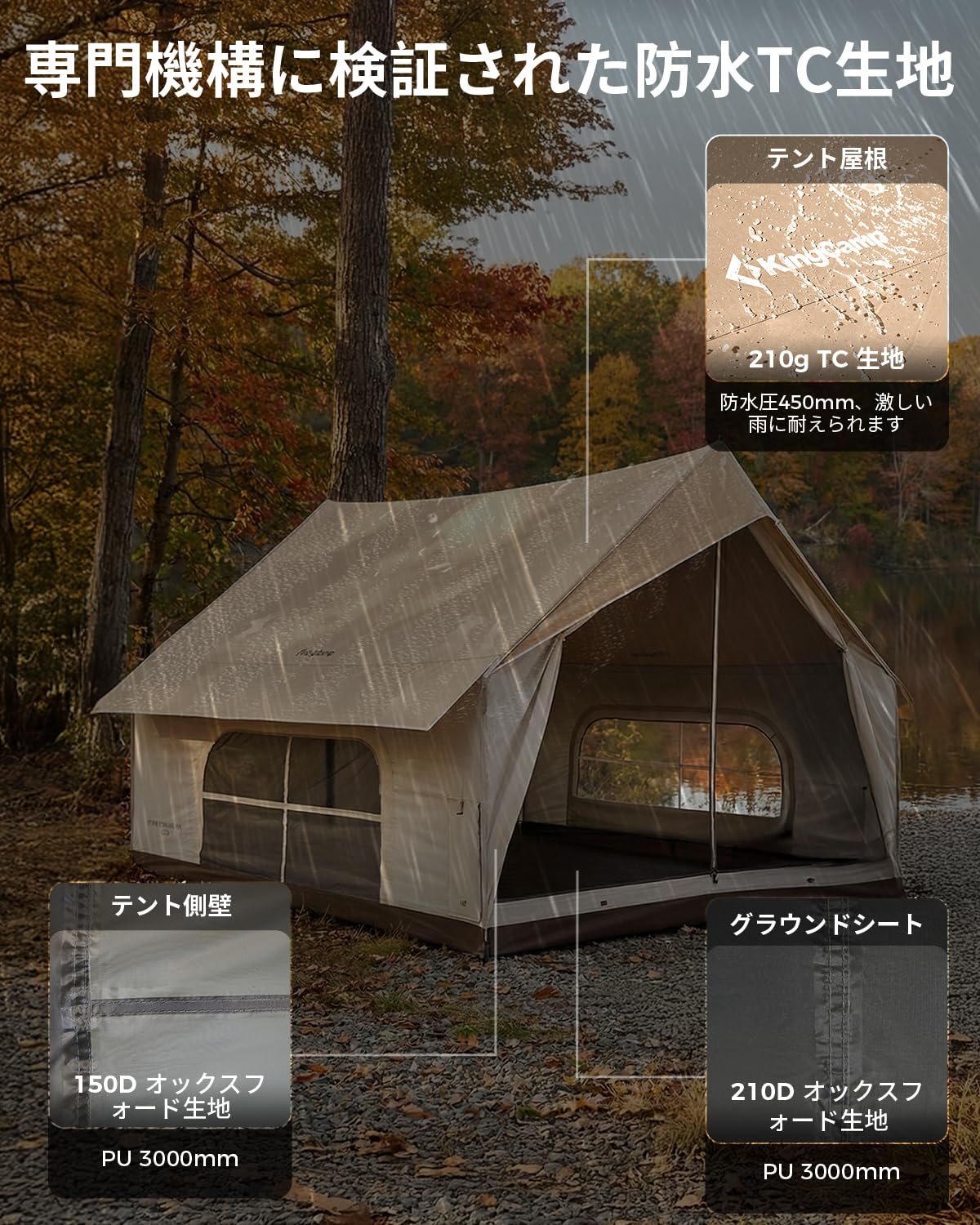 【2026 NEW】KingCamp MOUNTAIN IN C5 ロッジテント TC素材 4～5人用 煙突穴付き