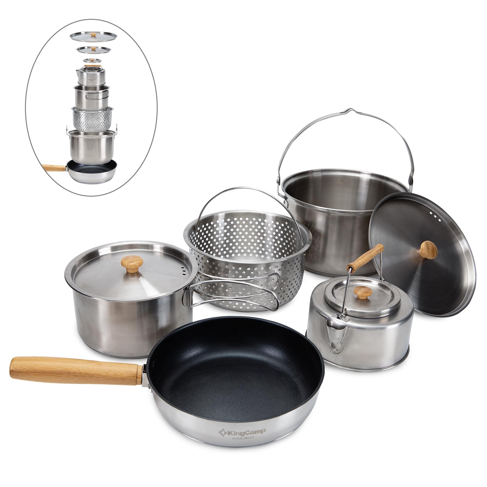 KingCamp キャンプ用クッカー7点セット4人用 キャンプ鍋・ケトル・フライパン・ザルアウトドア調理器具