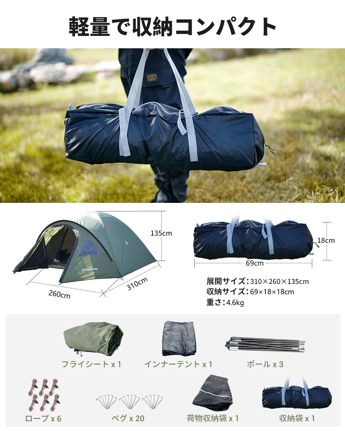 【2025 NEW】KingCamp ドームテント拡張テント2-4人用幅310cmリビングルーム4シーズン用