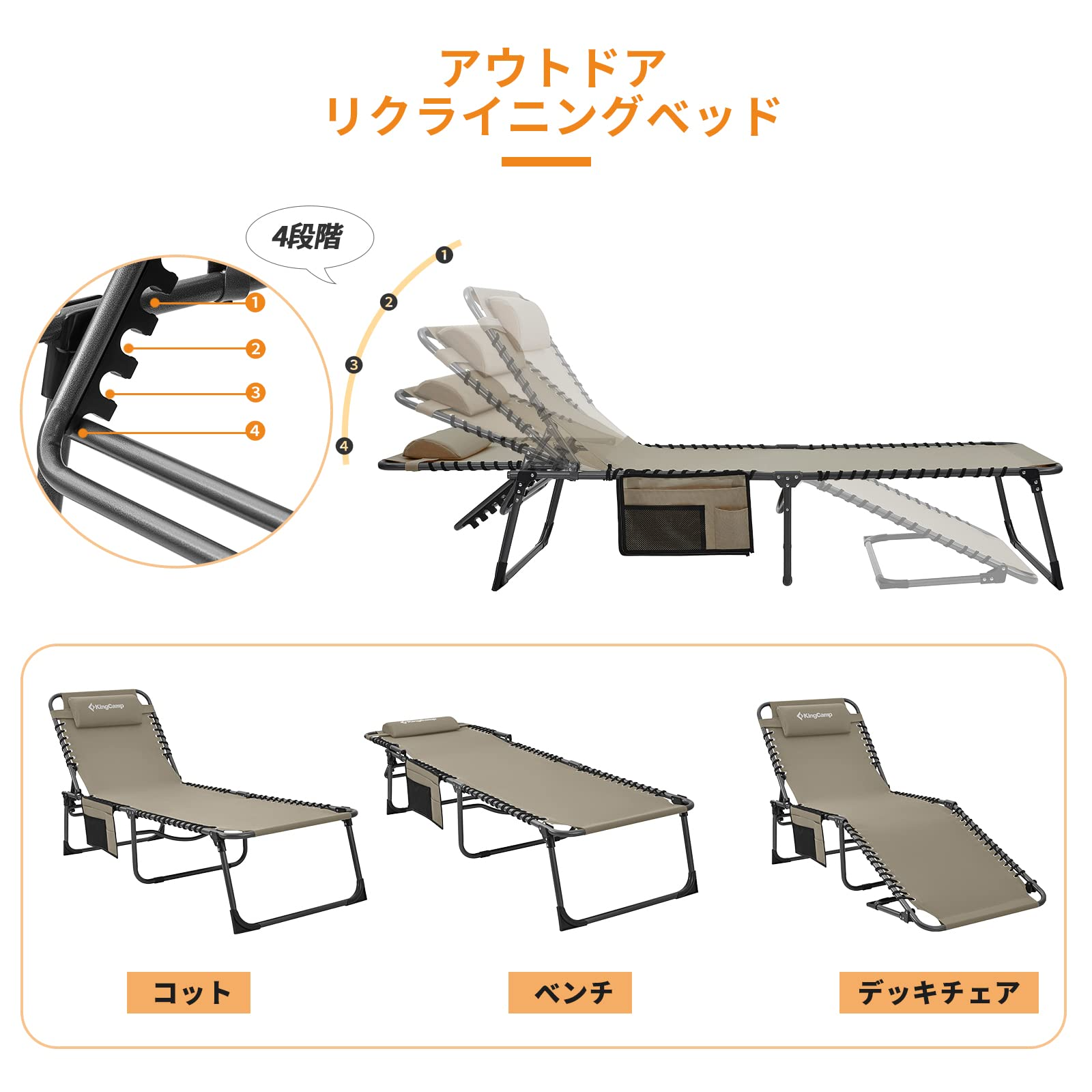 リクライニングチェア 190×60×34/37cm KC2019